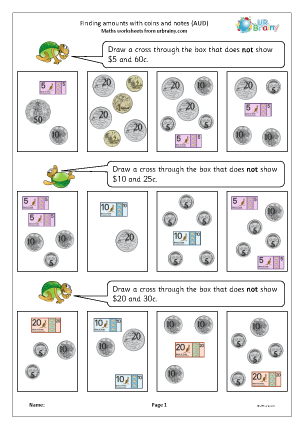 Preview of worksheet Finding amounts with coins and notes (AUD)