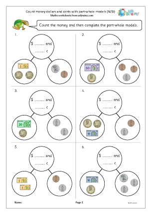 Preview of worksheet Dollars and cents with part-whole models (NZD)