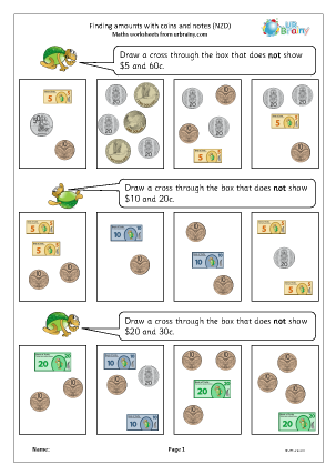 Preview of worksheet Finding amounts with coins and notes (NZD)