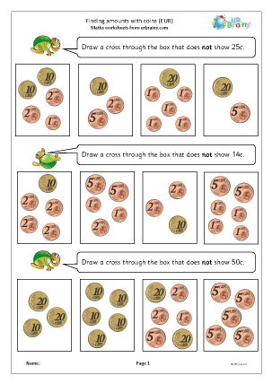 Preview of worksheet Finding amounts with coins (Euros)