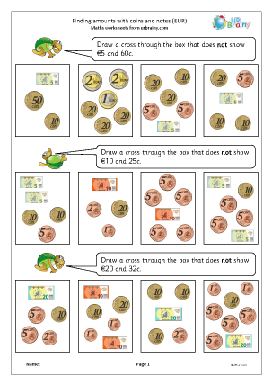 Preview of worksheet Finding amounts with coins and notes (Euros)