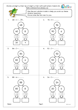 Preview of worksheet Divide a 2-digit number by a 1-digit number with part-whole models (1)