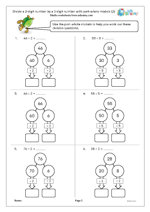 Preview of worksheet Divide a 2-digit number by a 1-digit number with part-whole models (2)