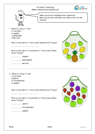 Preview of worksheet 9 times table: shopping
