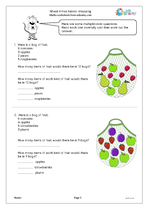 Preview of worksheet Mixed times tables: shopping