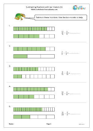 Preview of worksheet Subtracting fractions with bar models (1)