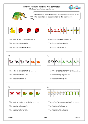 Preview of worksheet Find the ratio and fractions with bar models