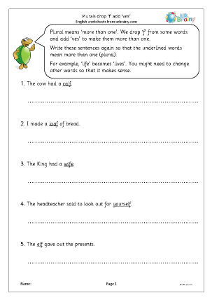 Preview of worksheet Plurals: add 'ves'.