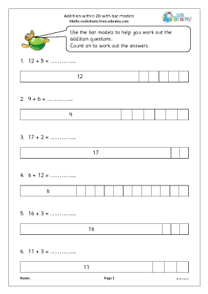 Preview of worksheet Addition within 20 with bar models