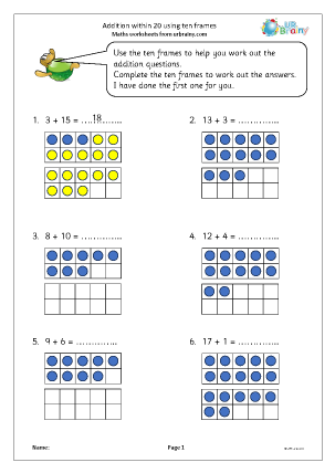 Preview of worksheet Addition within 20 using ten frames