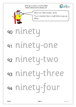 Preview of worksheet Writing numbers in words (90s)