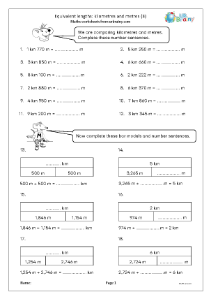 Preview of worksheet Equivalent lengths: kilometres and metres (3)
