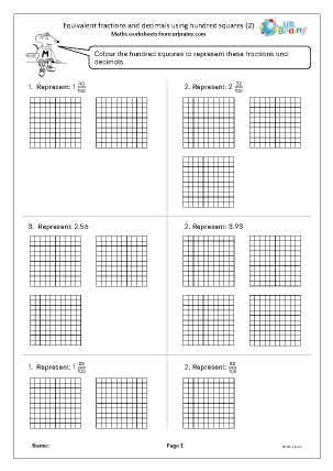 Preview of worksheet Equivalent fractions and decimals using hundred squares (2)