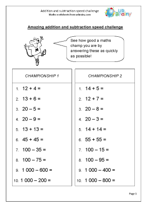 number ks1 worksheet value or Speed Subtract Challenge Add