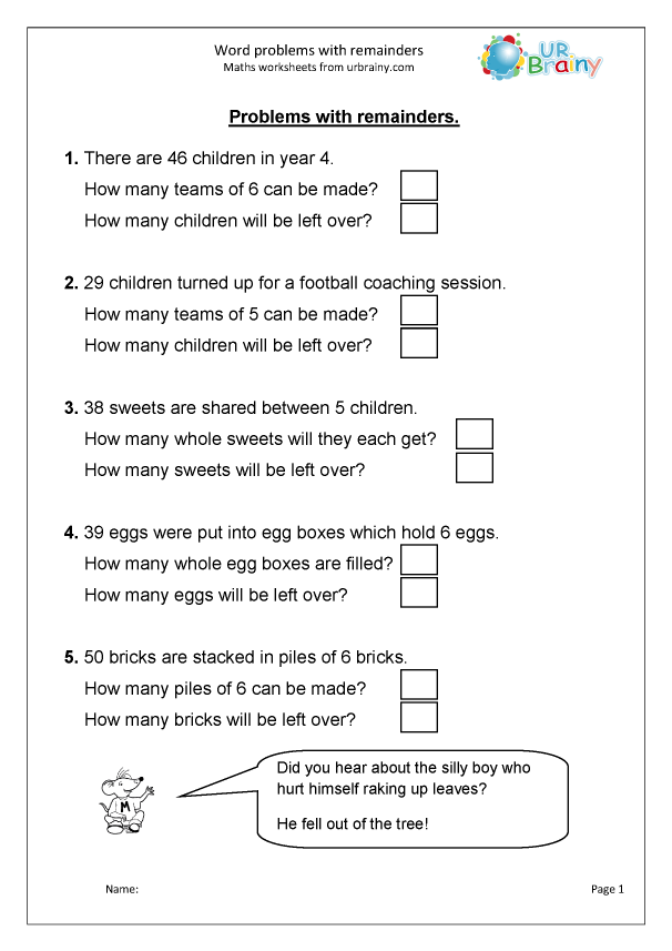 Word Problems With Remainders Division Maths Worksheets For Year 3