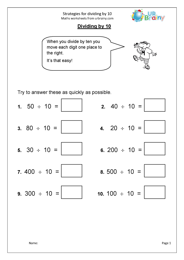 Strategies for dividing by 10 - Division Maths Worksheets for Year 3 (age  7-8) by URBrainy.com