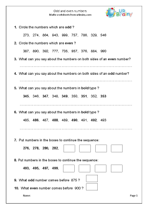 Preview of worksheet Revise odd and even numbers