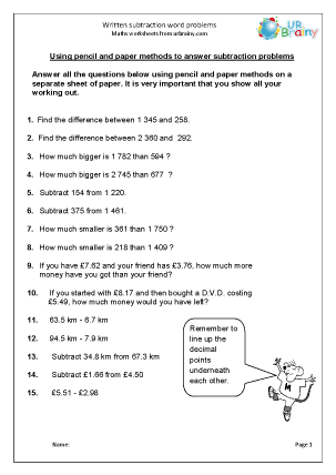 Written subtraction: word problems - Subtraction in Year 5 (age 9-10