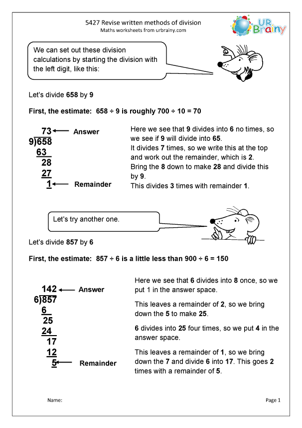 develop written methods for division division maths worksheets for