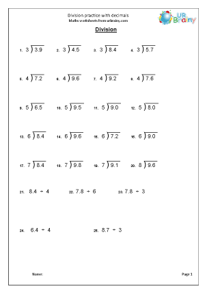 division practice with decimals division maths worksheets for year 5 age 9 10 by urbrainy com