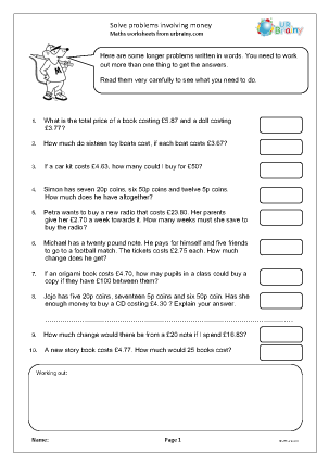 Preview of worksheet  Solve problems involving money