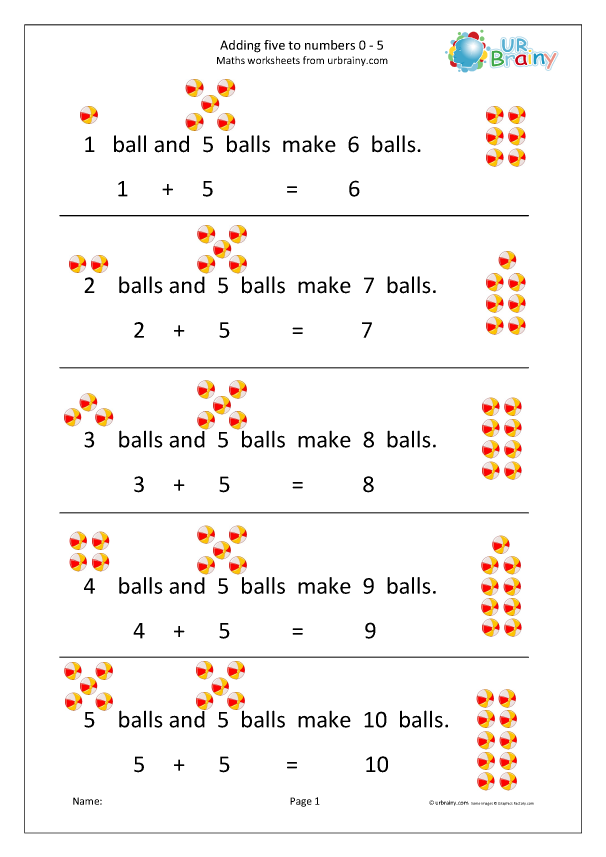 Preview of 'Add five to numbers from 0 to 5 balls'