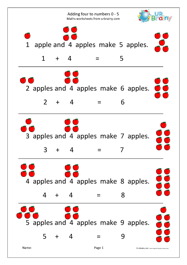 Preview of 'Add four to numbers from 0 to 5 apples'