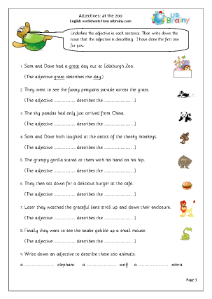 Preview of worksheet  Adjectives at the zoo