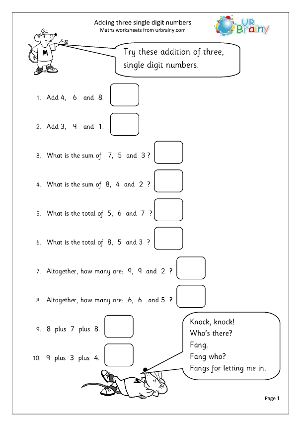 Add Three Single Digit Numbers Addition Maths Worksheets For Year 3 