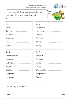 Preview of worksheet Counties in alphabetical order