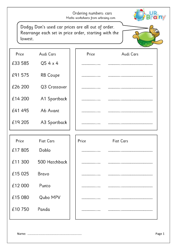 Ordering numbers: cars - Number and Place Value by URBrainy.com