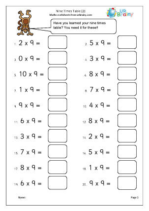 practice sheets printable table multiplication 9x (2) table