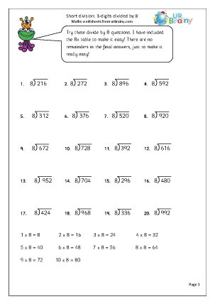 divide 3 digit numbers by 8 division in year 4 age 8 9 by urbrainycom