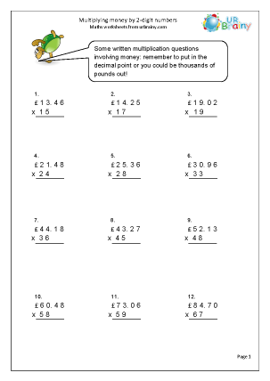 Preview of worksheet Multiply money by 2-digit numbers