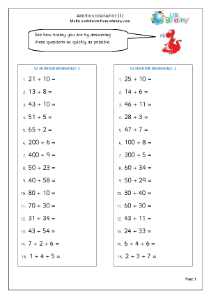 Preview of worksheet Addition Brainwhizz (1)