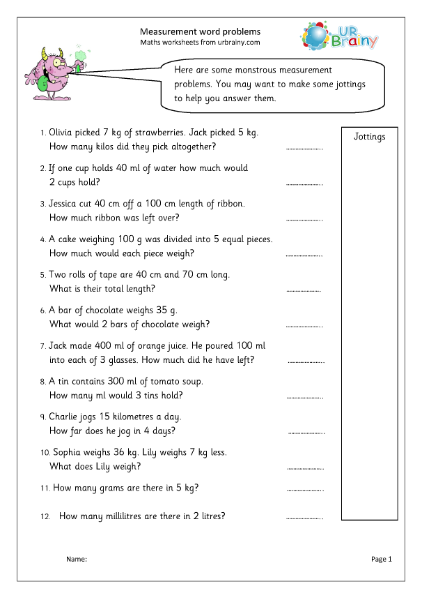 Measurement Word Problems 1 Measuring And Time Worksheets For Year 3 