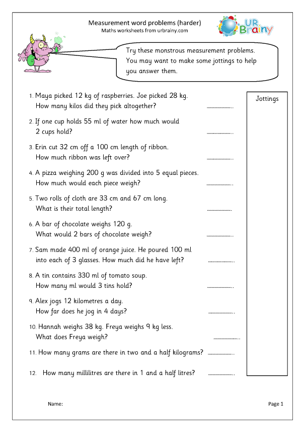 Measurement Word Problems 2 Measuring And Time Worksheets For Year 3 