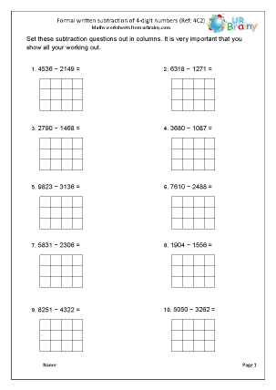 subtract 4 digit numbers 4c2 arithmetic paper practice maths