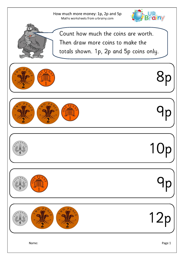 how much more money 1p 2p and 5p money maths worksheets for year 1 age 5 6 by urbrainy com