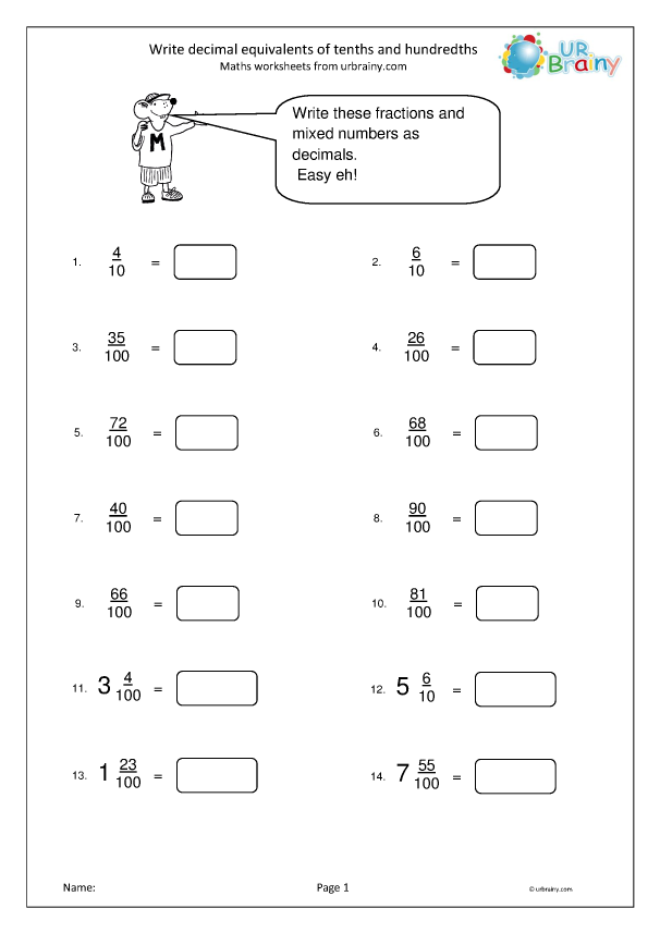 Write Decimal Equivalents Of Tenths And Hundredths Fraction And