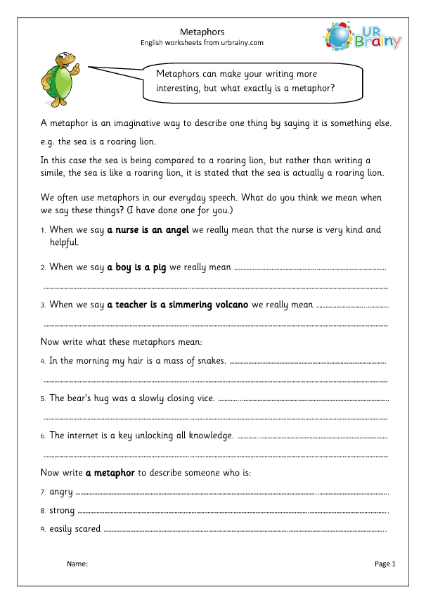 Metaphors Worksheets For Kids