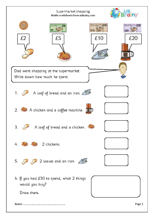 supermarket shopping coins and notes money maths worksheets for year