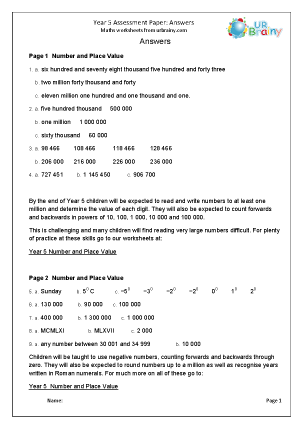 Preview of worksheet Year 5 Assessment Paper Answers