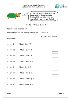 Use simple formulae - Algebra for Year 6 (age 10-11) by URBrainy.com