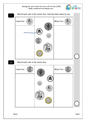 Preview of worksheet Value of coins and notes (1M3)