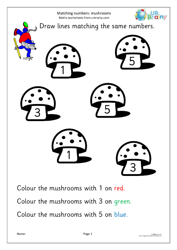Recognising Numbers Mushrooms Counting And Matching Maths Worksheets