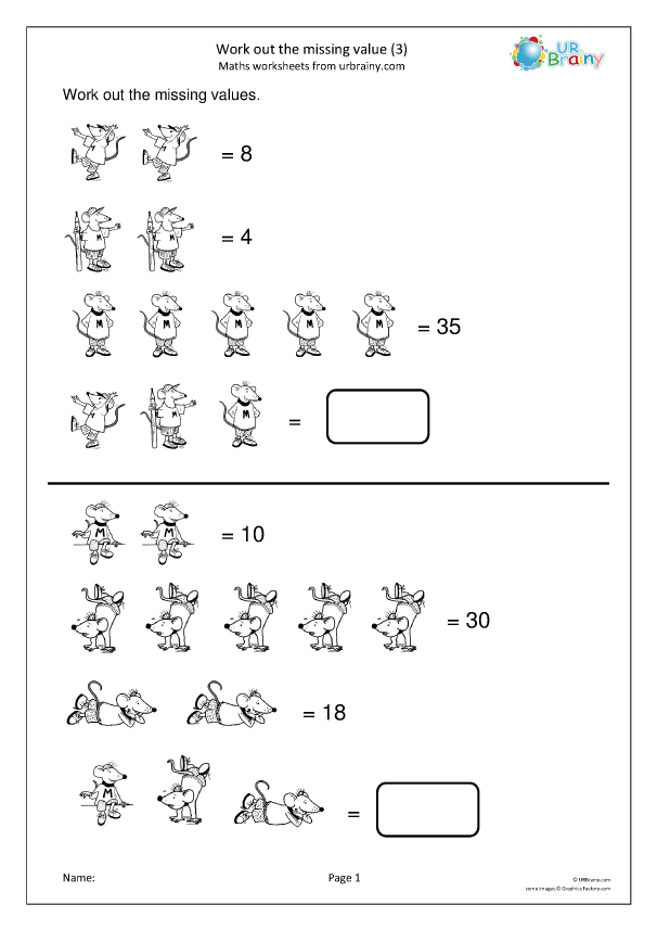 Work out the missing value (3) - Reasoning/Problem Solving Maths Worksheets  for Year 3 (age 7-8) by URBrainy.com