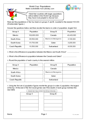 Preview of worksheet World Cup countries: populations