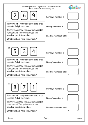 Preview of worksheet 3-digit cards: largest and smallest number