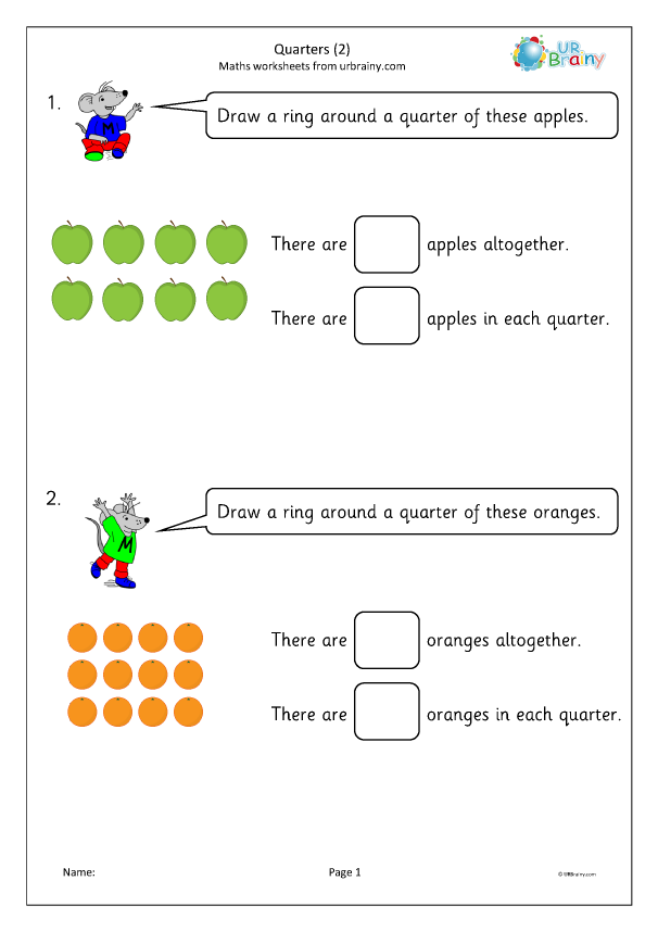 Quarters (2) - Fraction Worksheets for Year 1 (age 5-6) by URBrainy.com